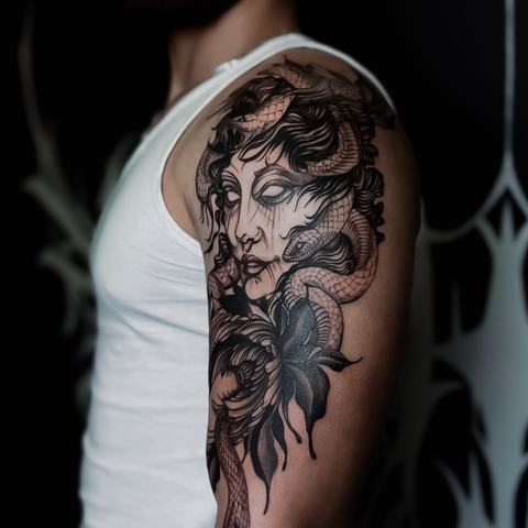 A striking Medusa-inspired shoulder tattoo with a female face, snakes and floral elements. Strong linework and shading give the design dramatic depth.