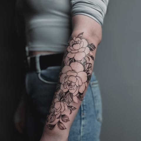 A large floral forearm tattoo built from layered blossoms and leaves. Soft grey shading and clean outlines give the botanical design a refined, balanced look.