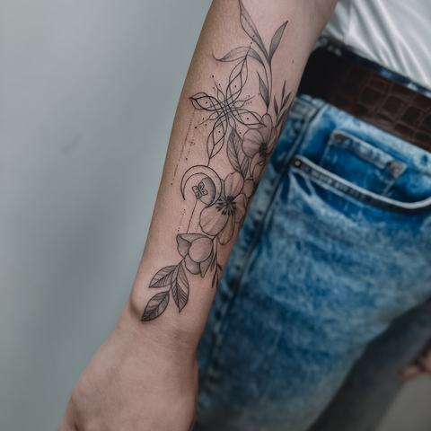 A delicate botanical forearm tattoo with flowers, leaves and slender stems. Fine linework keeps the composition light, refined and naturally balanced.