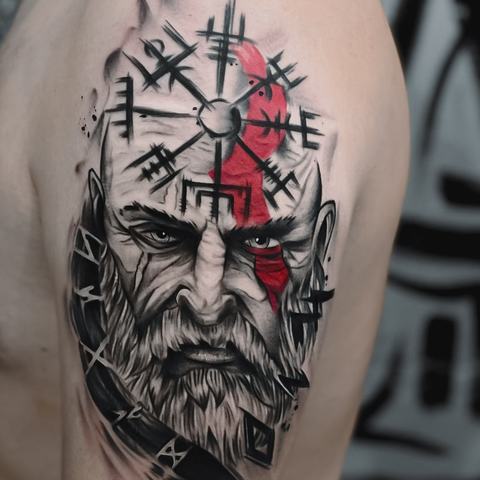 A striking warrior portrait with runic symbols and vivid red details. The contrast between dark shading and red accents creates an intense, dramatic look.