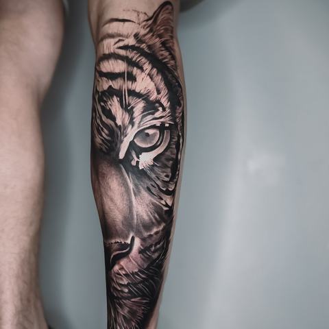 A realistic tiger tattoo on the forearm with sharply defined fur, intense eyes and deep shadows that give the animal portrait strength and dimension.